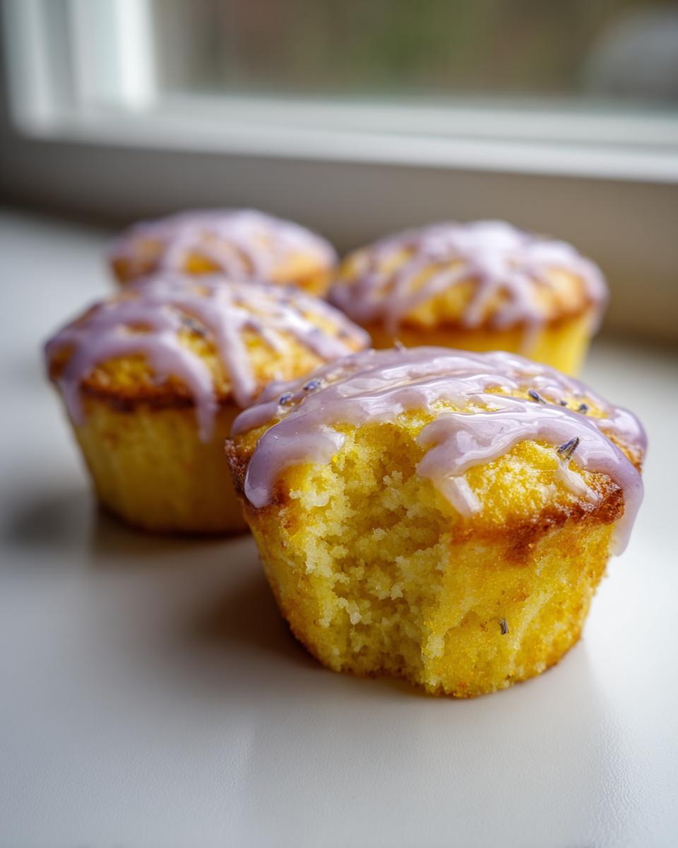 A close-up shot of mini lemon cakes with lavender glaze, one having a bite taken out, showing the moist interior.