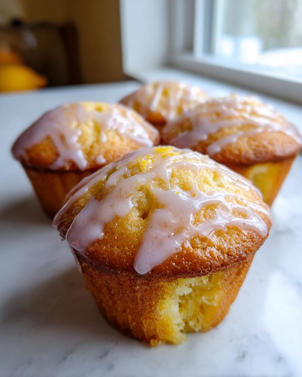 Four golden mini lemon cakes with lavender glaze drizzled on top, sitting on a white marble surface.