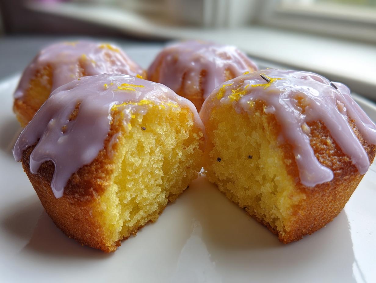 Close-up of mini lemon cakes with lavender glaze, one cut open showing the crumb texture.