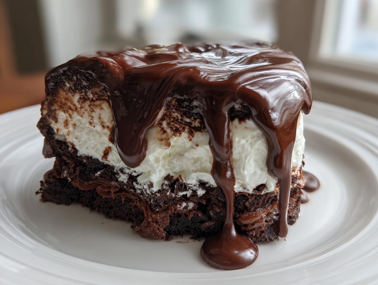 A rich slice of Mississippi Mud Cake featuring a dark chocolate base, white creamy layer, and thick chocolate fudge dripping down the sides.