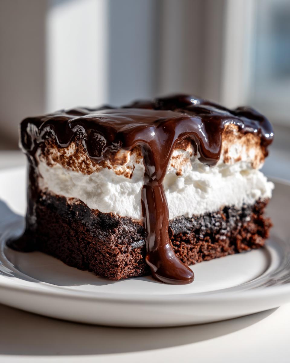 A decadent slice of Mississippi Mud Cake featuring a dark chocolate base, white creamy layer, and rich chocolate glaze dripping down the side.