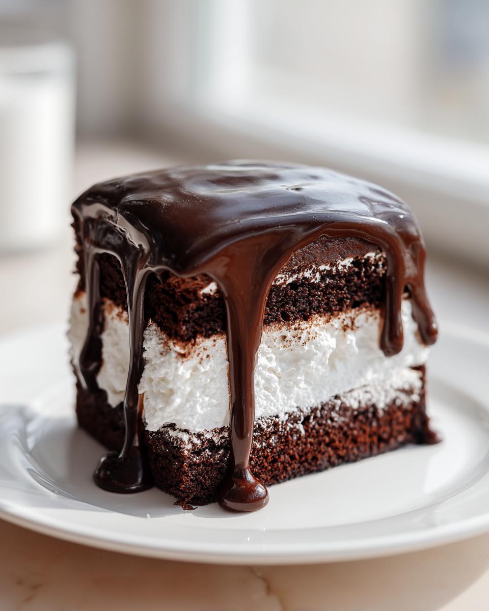 A rich slice of Mississippi Mud Cake featuring dark chocolate layers and a thick white filling, topped with glossy chocolate ganache drizzle.