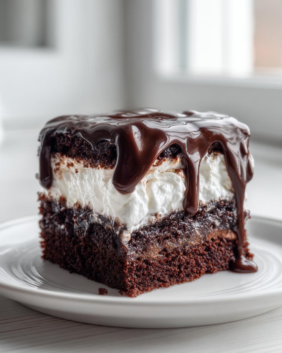 A rich slice of Mississippi Mud Cake featuring a dark chocolate base, thick white filling, and glossy chocolate fudge topping.