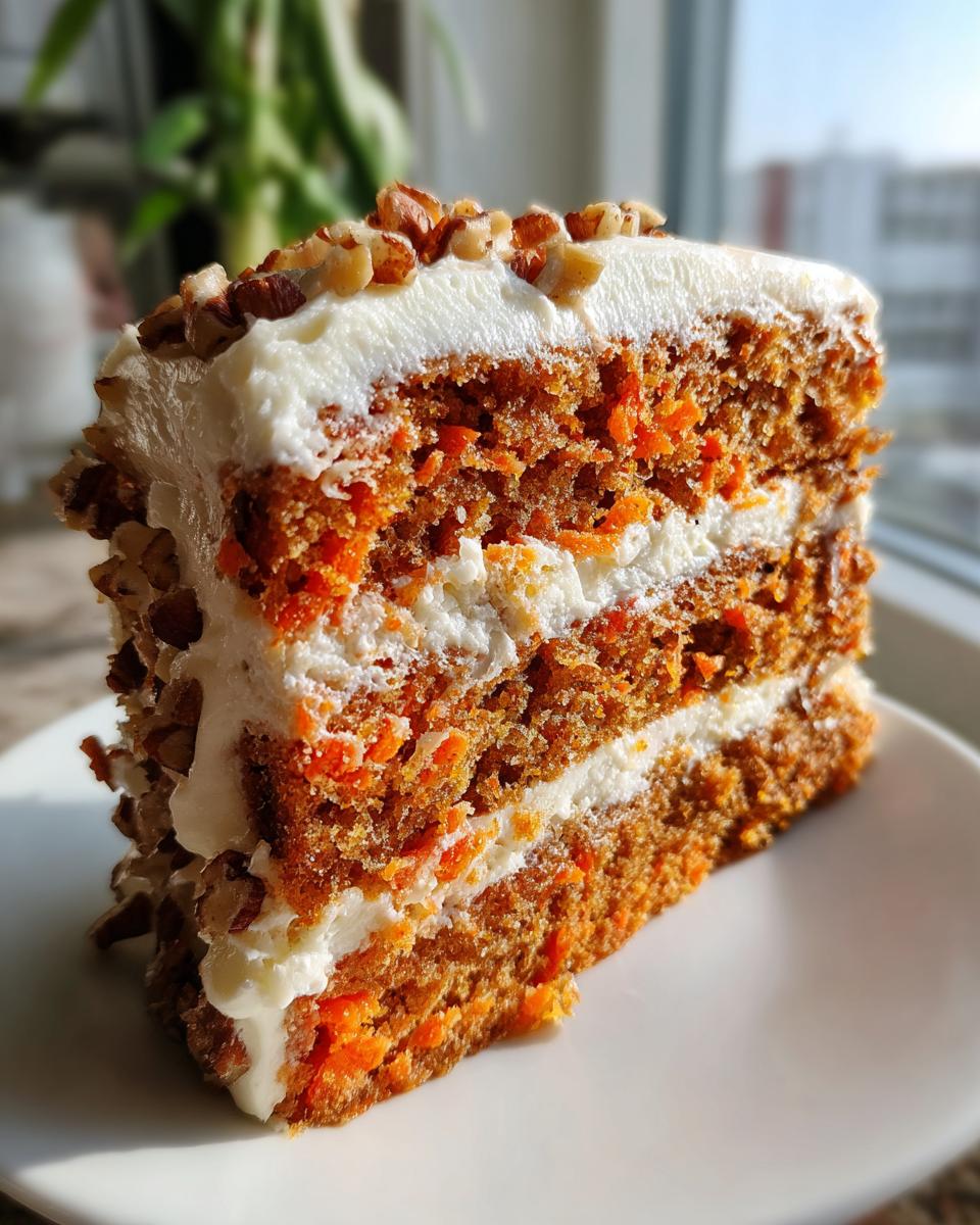 A tall slice of moist homemade carrot cake with cream cheese frosting layers and chopped pecans on top.