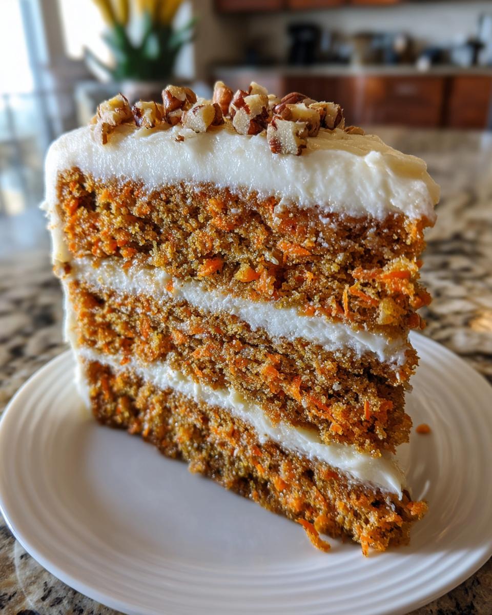 A tall, three-layer slice of moist homemade carrot cake with thick cream cheese frosting and chopped pecans on top.