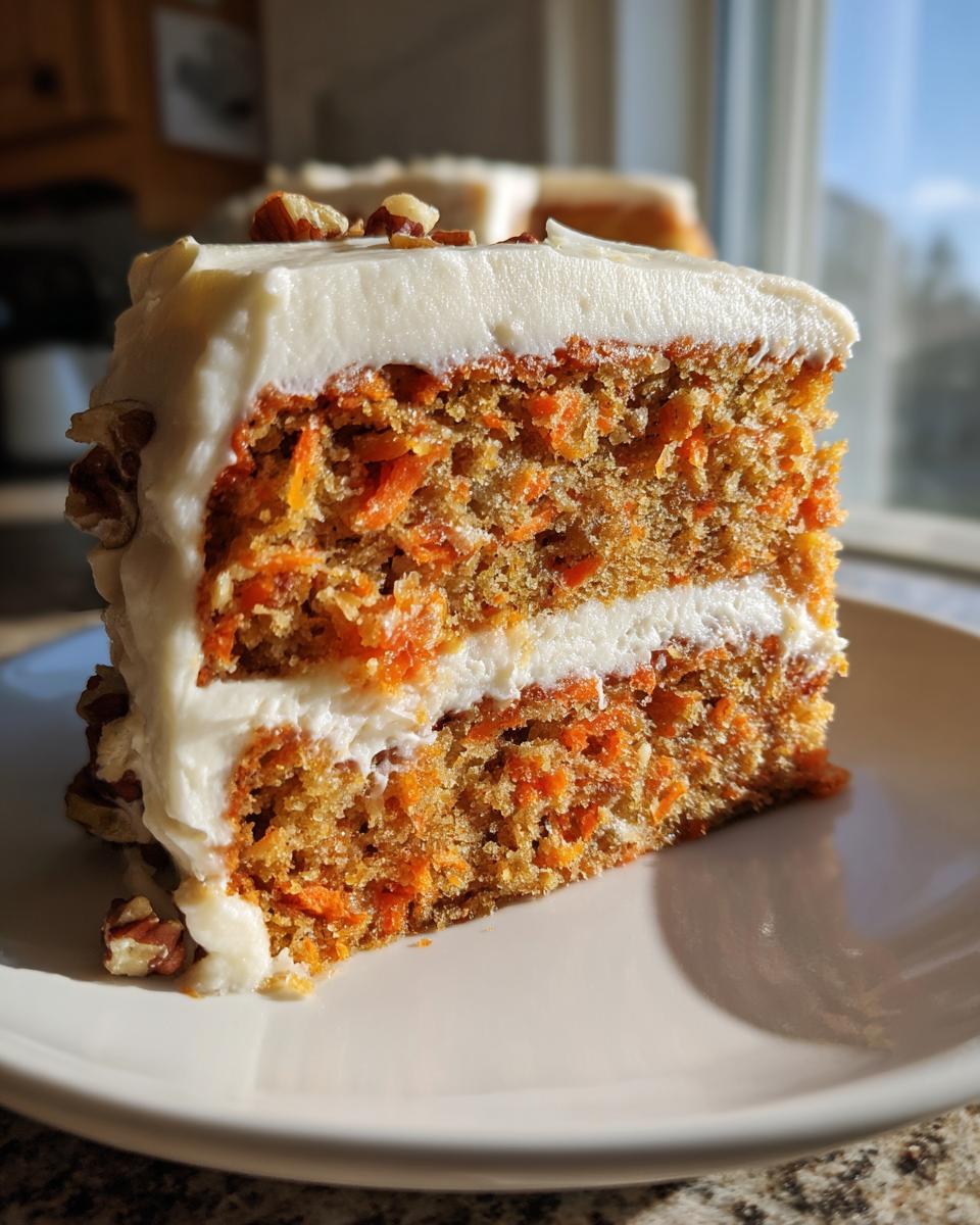 A close-up slice of moist homemade carrot cake layered with thick cream cheese frosting and topped with pecans.