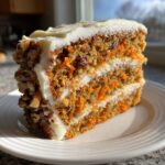 A tall slice of moist homemade carrot cake layered with cream cheese frosting and covered in pecans.