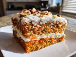 Close-up of a thick slice of moist homemade carrot cake layered with cream cheese frosting and topped with pecans.