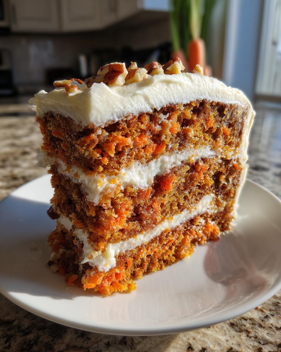 A tall slice of moist homemade carrot cake with three layers, cream cheese frosting, and pecans on top.