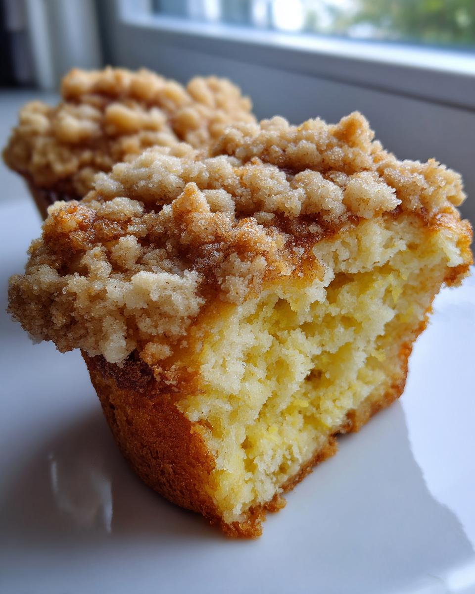 Close-up of a lemon crumb muffins half showing the moist yellow cake texture and thick, sugary streusel topping.