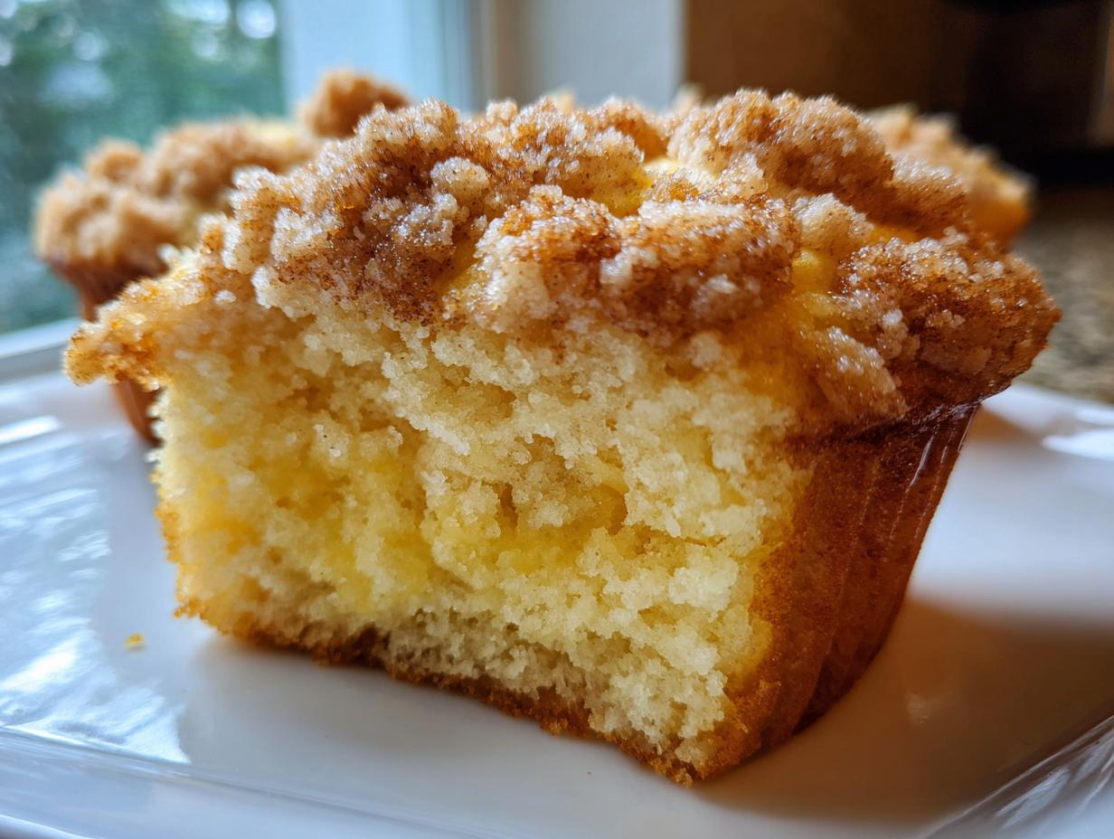 Close-up of a halved lemon crumb muffin showing the moist, yellow interior and thick, sugary cinnamon streusel topping.