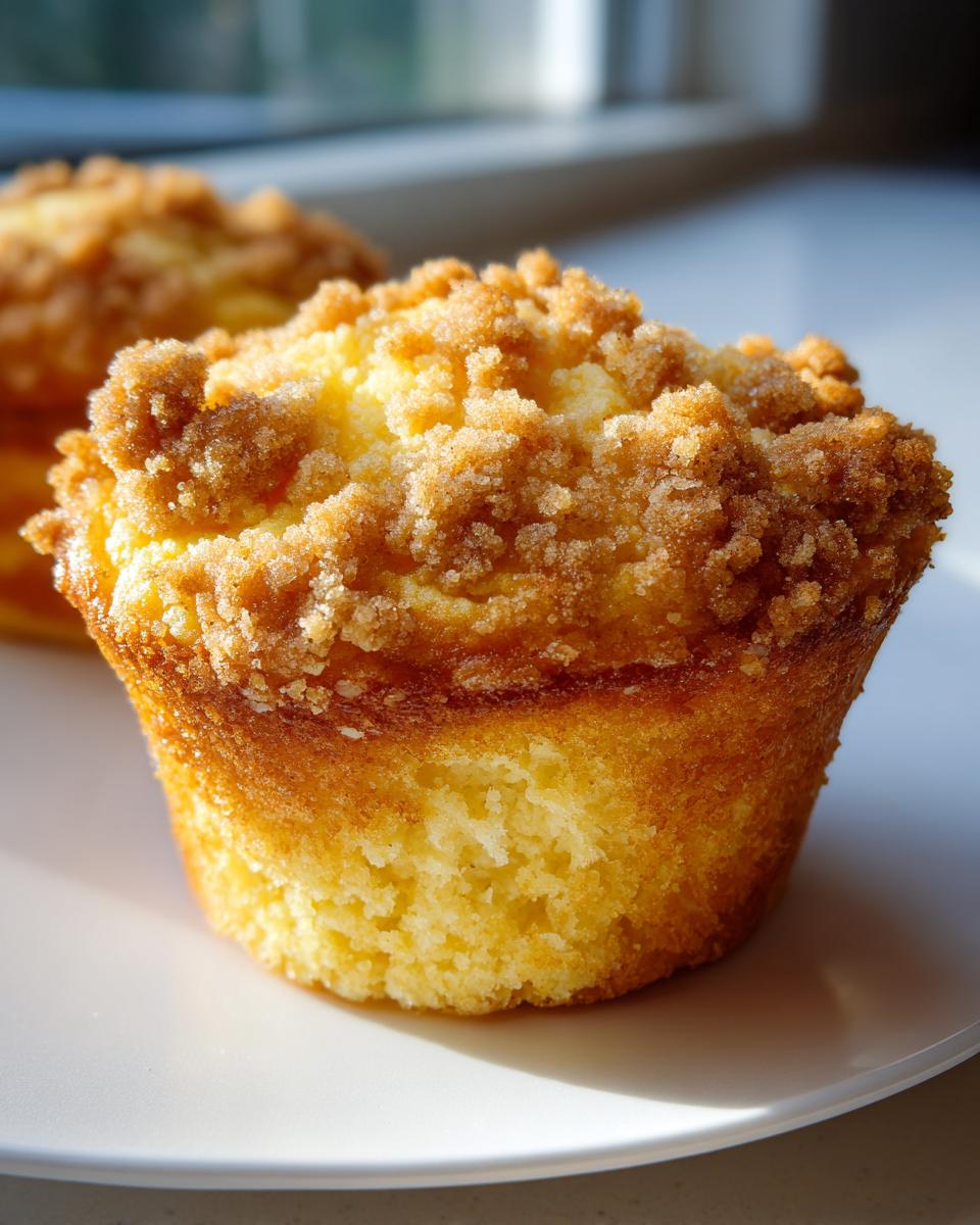 A close-up, sunlit photo of a single, golden lemon crumb muffins topped generously with brown sugar streusel.