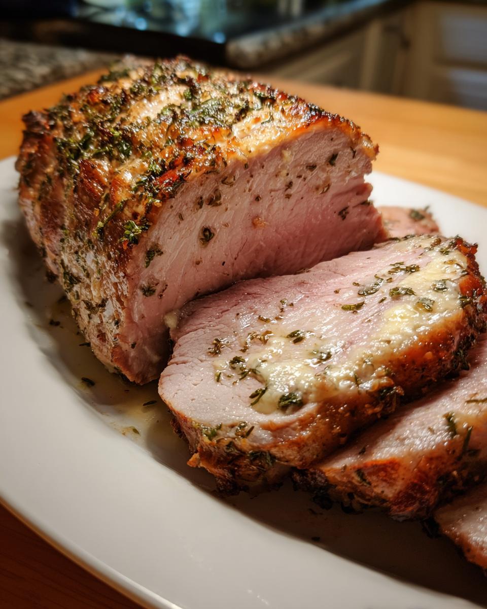 Close-up of a juicy, herb-crusted pork loin roast recipe, sliced to show the moist interior.