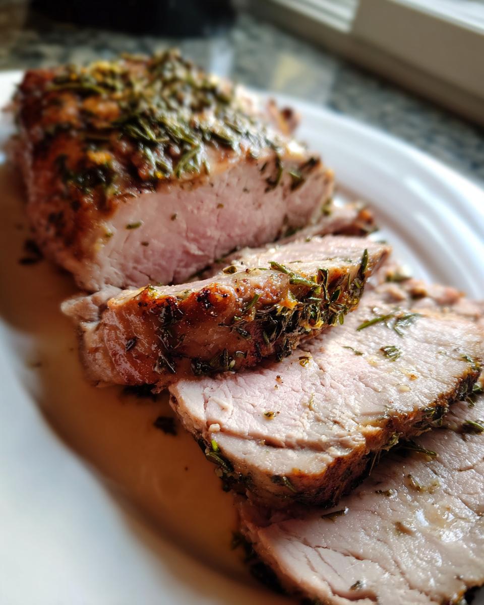 Close-up of a juicy pork loin roast recipe, sliced and covered in a savory herb crust, resting in its juices.
