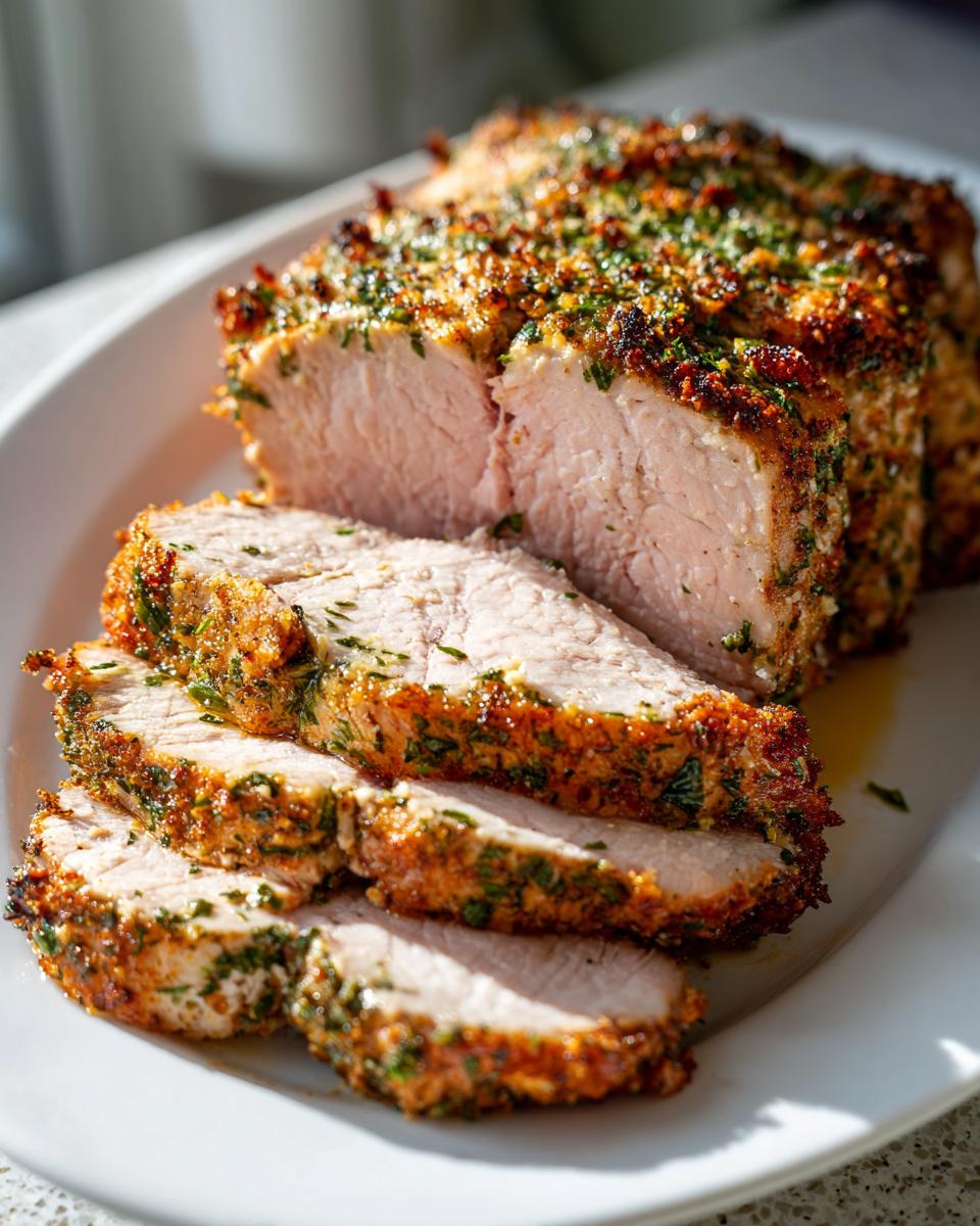 Close-up of a juicy pork loin roast recipe, sliced to show the moist interior and herb-crusted exterior.