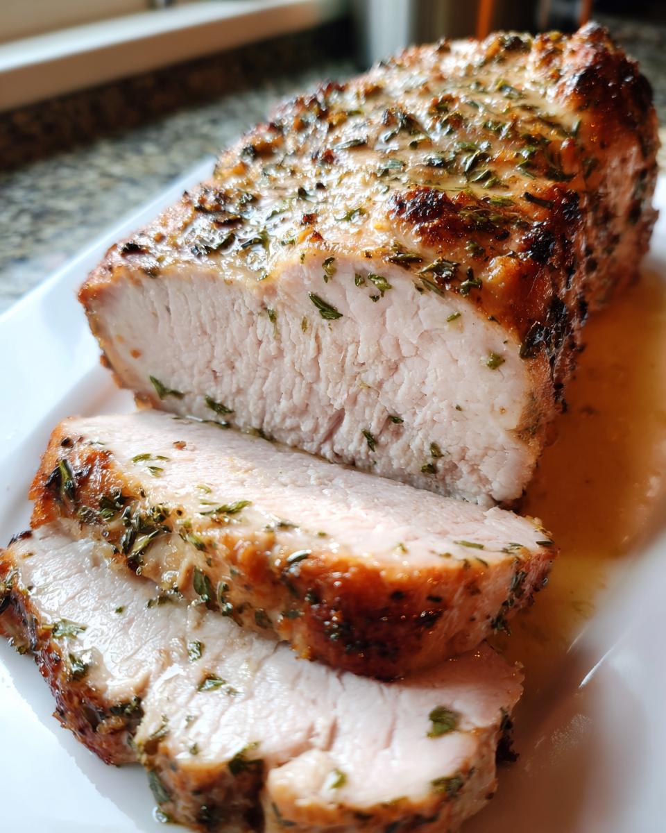 Close-up of a moist pork loin roast recipe, sliced to show the tender interior and herb crust.