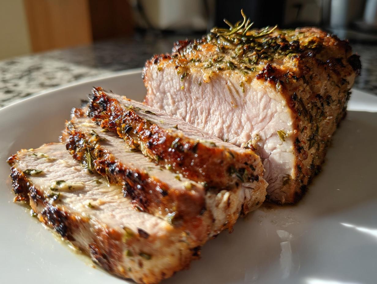Close-up of a moist pork loin roast recipe, sliced and showing a savory herb crust and tender pink interior.