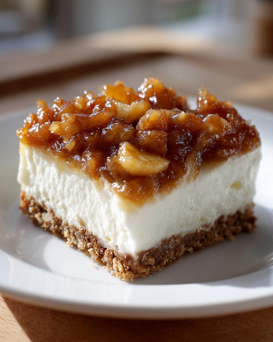 A close-up of a single serving of no bake apple cheesecake bars with a graham cracker crust and caramelized apple topping.