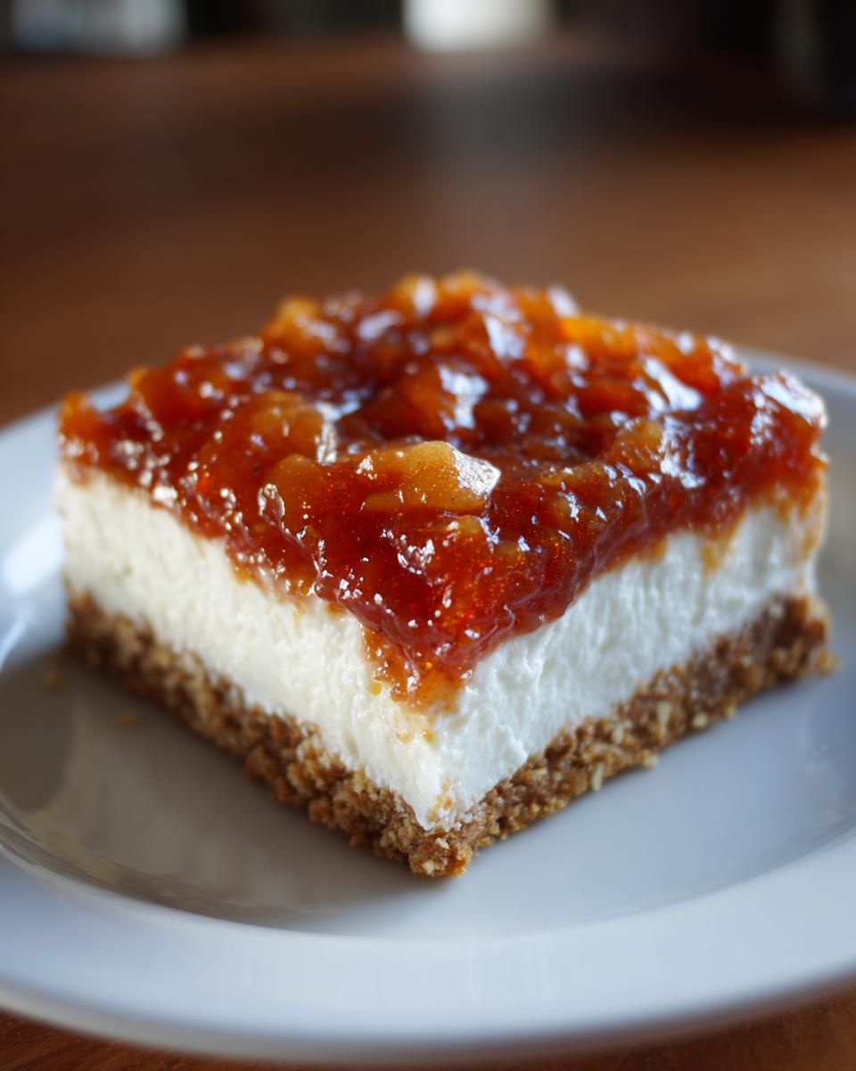 A single square slice of no bake apple cheesecake bars featuring a graham cracker crust, creamy filling, and thick apple topping.