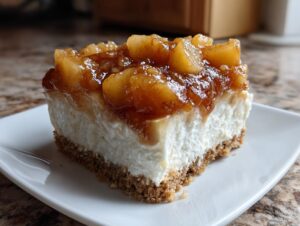 A close-up of a single serving of no bake apple cheesecake bars on a white plate.