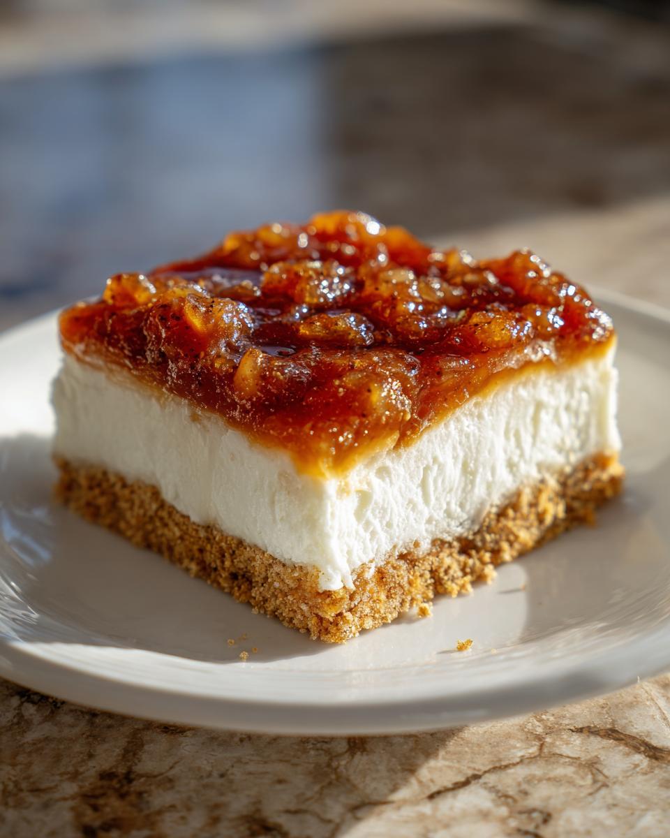 A single serving of no bake apple cheesecake bars showing a graham cracker crust, thick white filling, and caramelized apple topping.