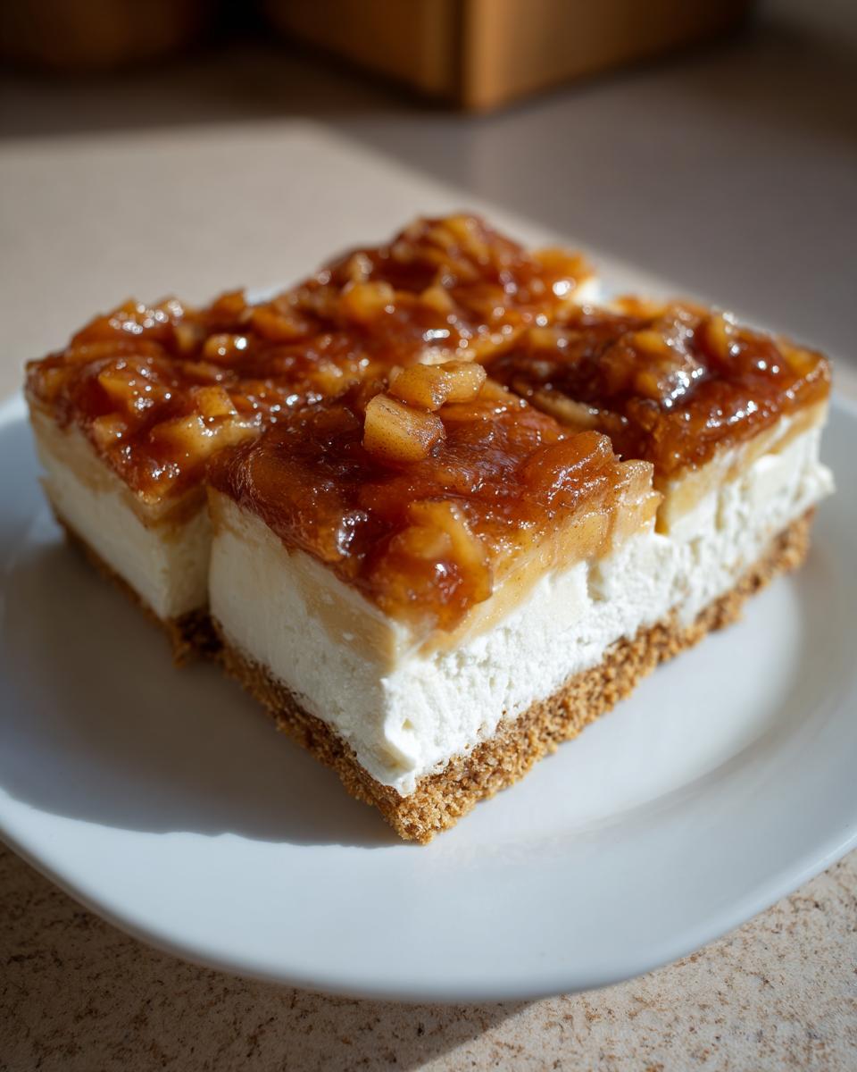Three squares of no bake apple cheesecake bars featuring a graham cracker crust, creamy filling, and caramelized apple topping.