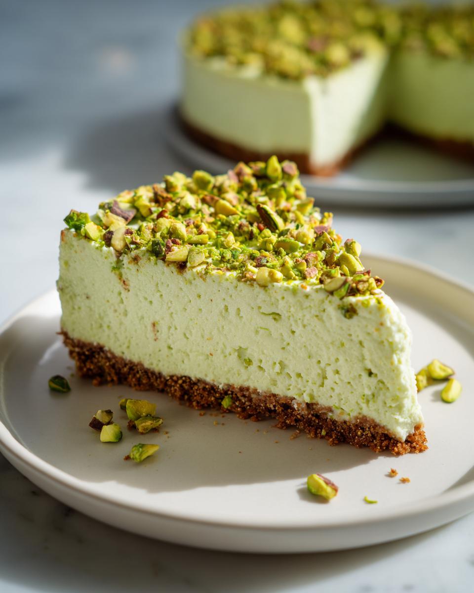 A perfect slice of light green no bake pistachio cheesecake with a thick graham cracker crust, topped generously with chopped pistachios.