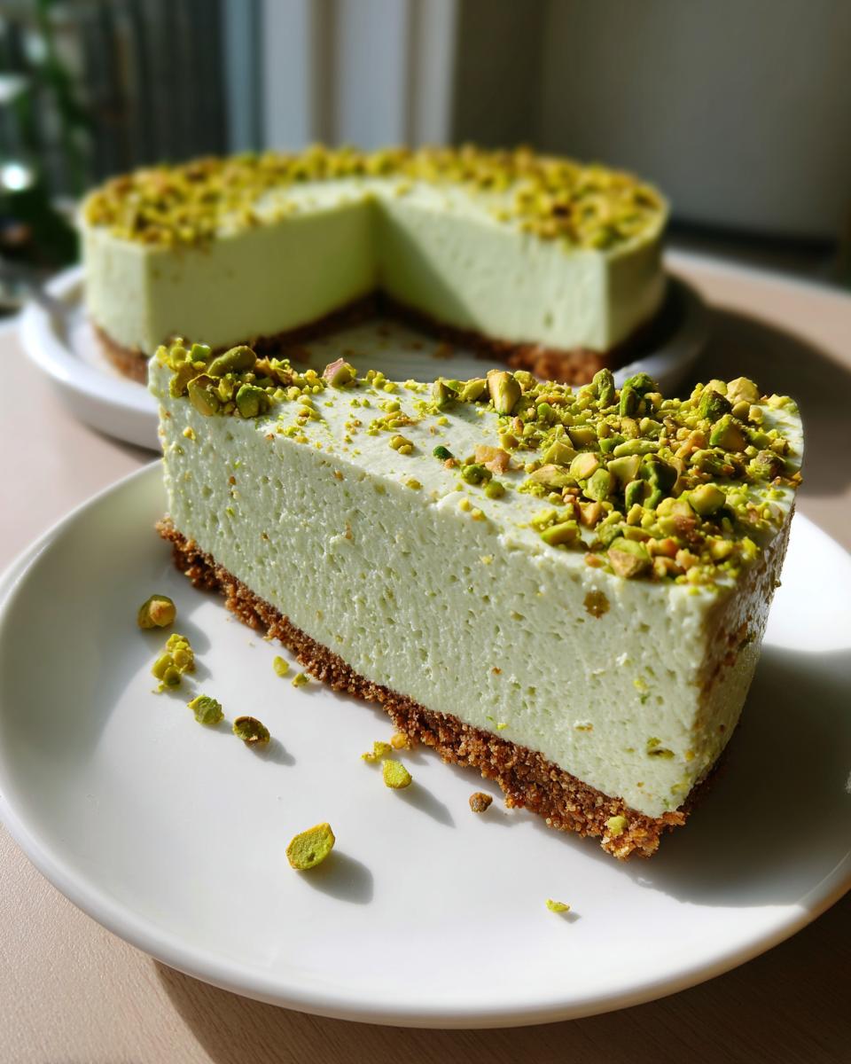 A perfect slice of light green no bake pistachio cheesecake with a graham cracker crust, topped with chopped pistachios.