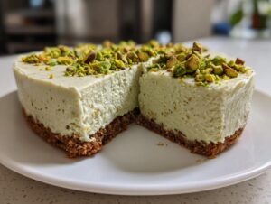 A thick slice of creamy, pale green no bake pistachio cheesecake topped with chopped pistachios on a white plate.