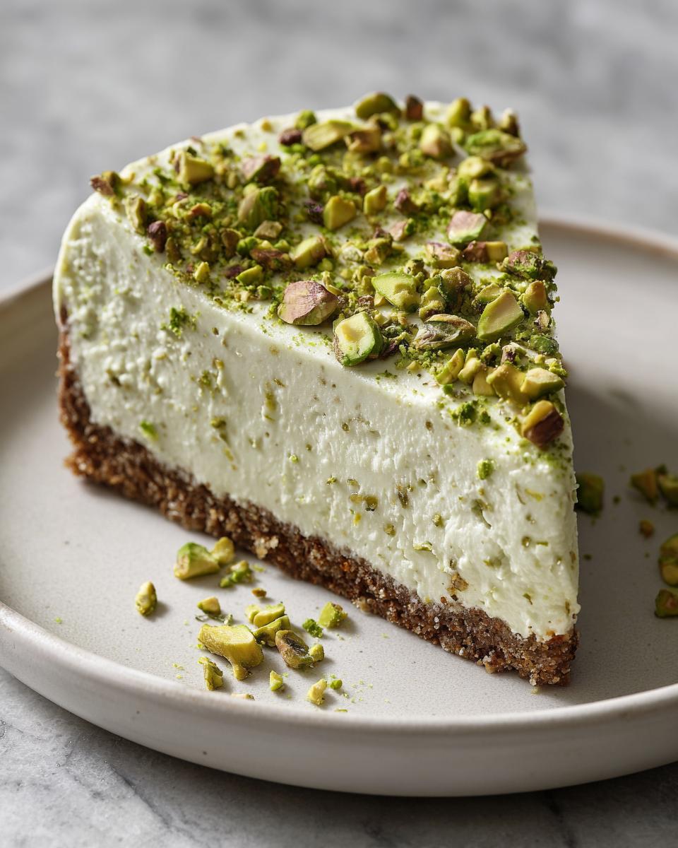 A close-up of a creamy slice of no bake pistachio cheesecake with a dark crust, topped generously with chopped pistachios.