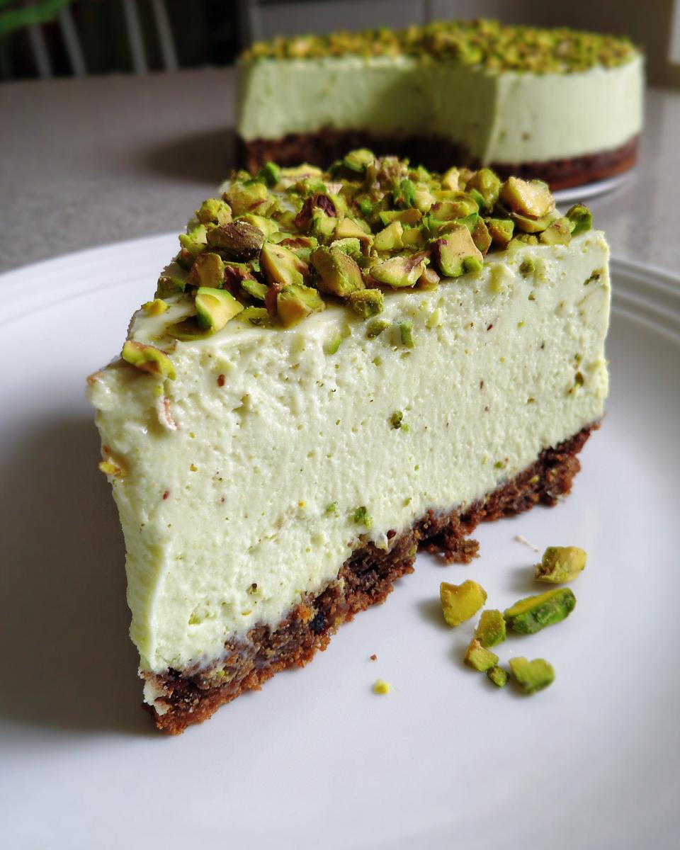 A close-up slice of no bake pistachio cheesecake with a dark crust, topped generously with chopped pistachios.