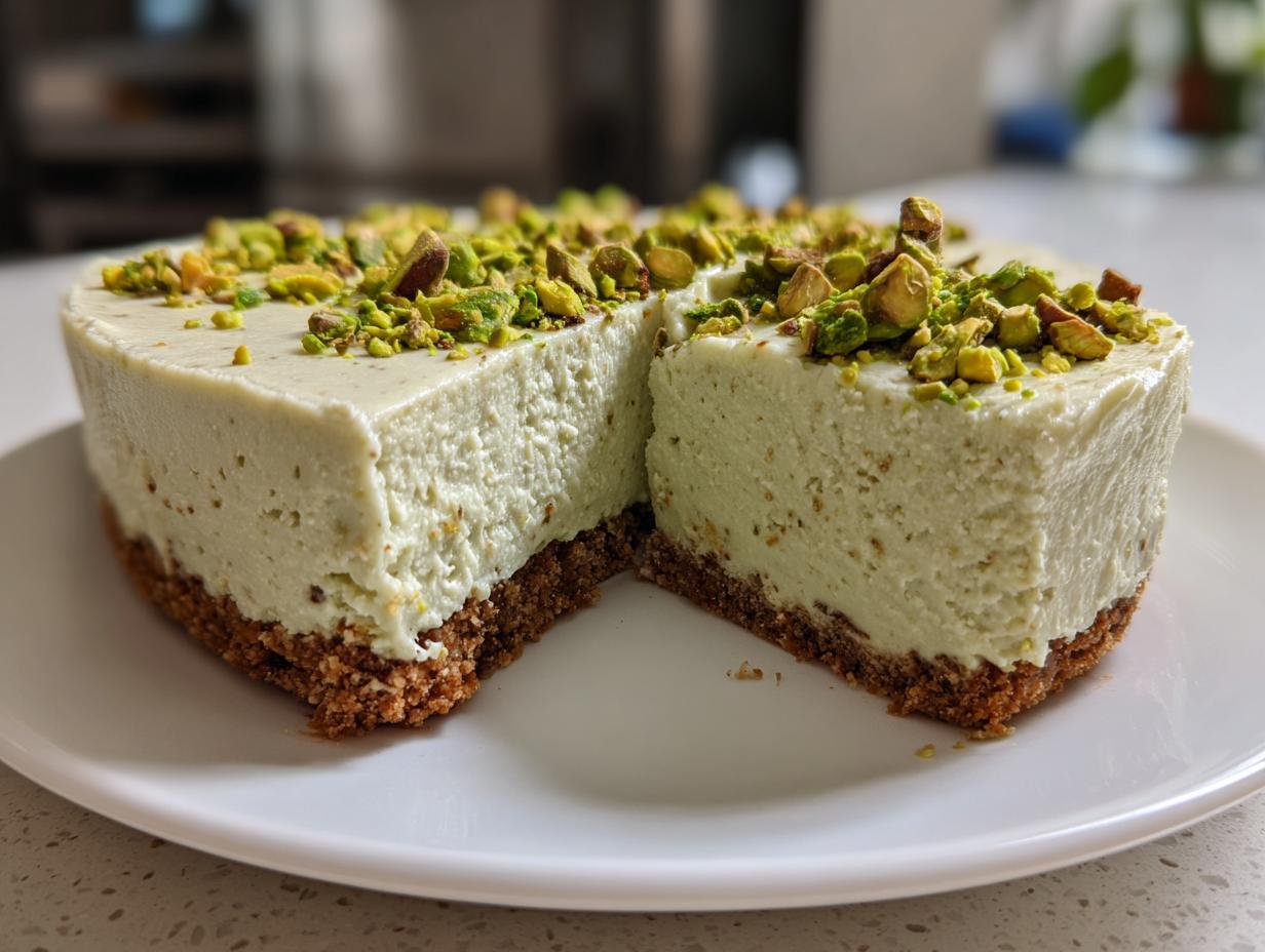 A thick slice of creamy, pale green no bake pistachio cheesecake topped with chopped pistachios on a white plate.