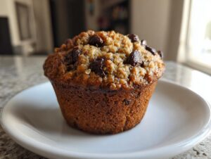 A single, perfectly baked oatmeal chocolate chip morning muffin sitting on a white plate.