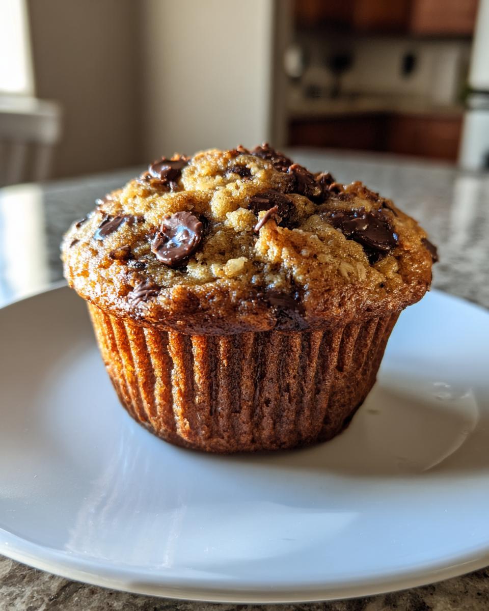 A single, perfectly baked oatmeal chocolate chip morning muffin with a golden brown top covered in melted chocolate chips.