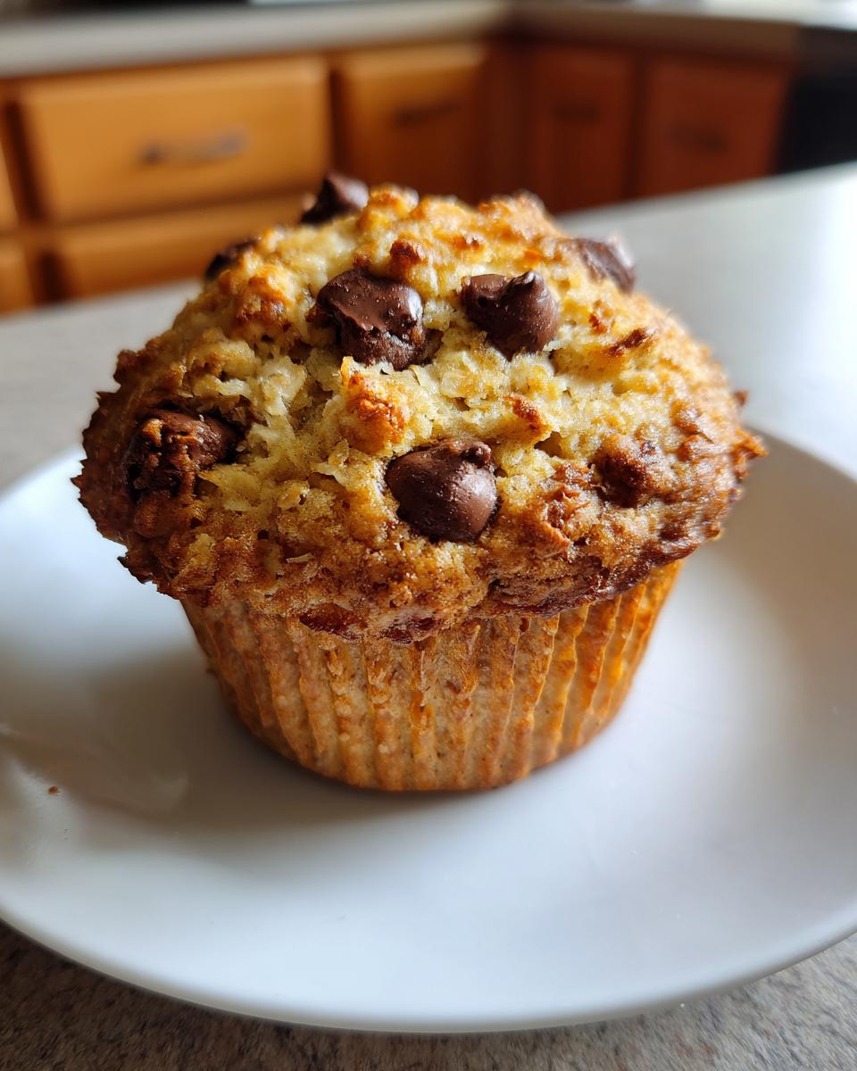 A close-up of a freshly baked oatmeal chocolate chip morning muffins, golden brown with melted chocolate chips on top, sitting on a white plate.