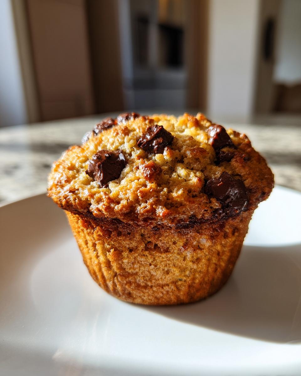 A single, perfectly baked oatmeal chocolate chip morning muffin with melted chocolate chunks on top, sitting on a white plate.