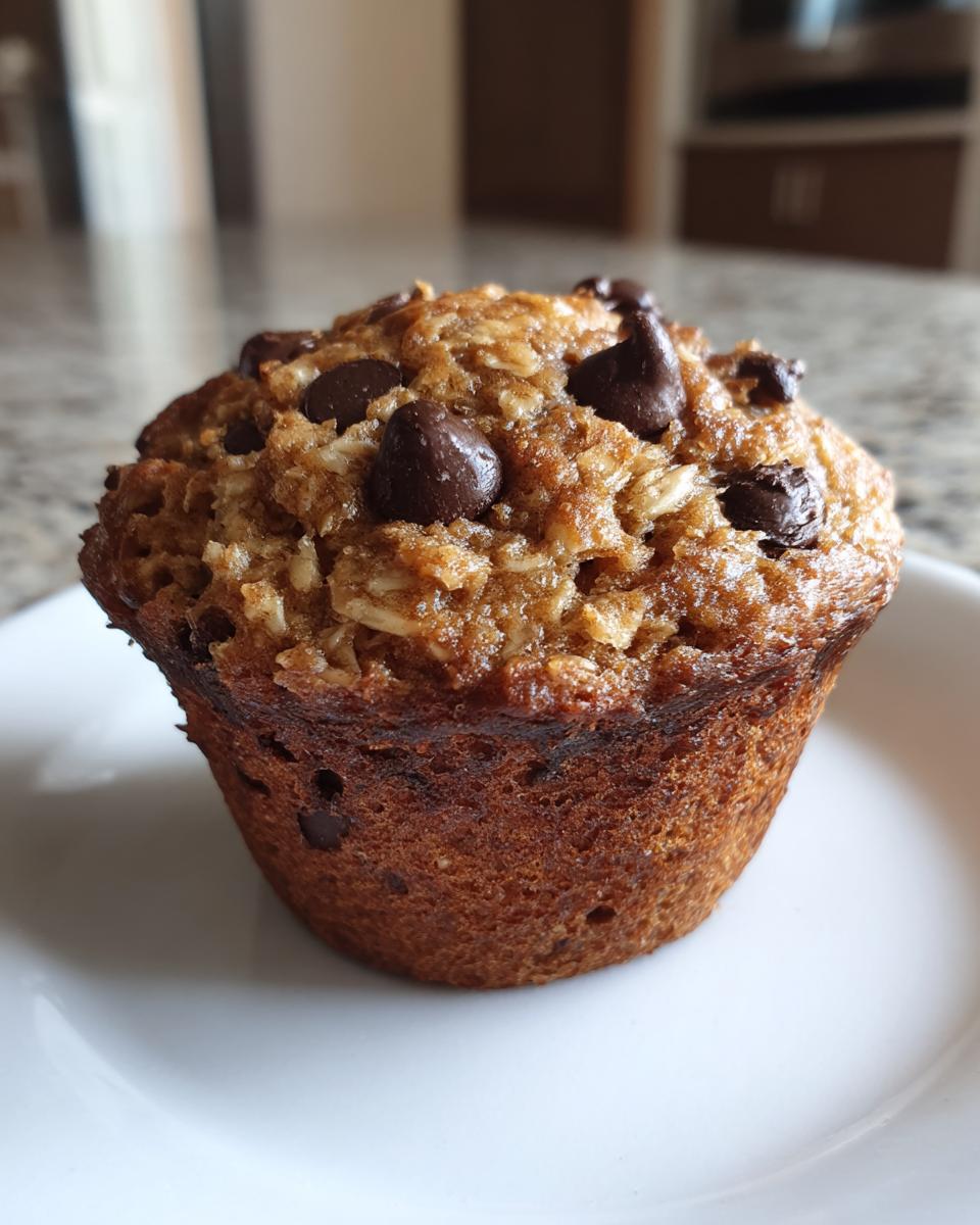 A close-up of a freshly baked oatmeal chocolate chip morning muffin with visible oats and melted chocolate chips on top.