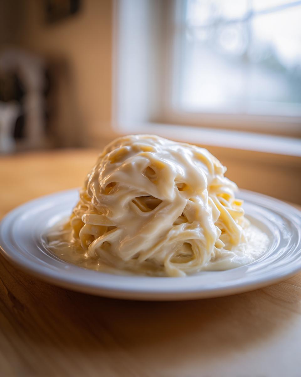 A tall mound of fettuccine pasta generously coated in creamy white sauce, resembling the olive garden alfredo copycat recipe.