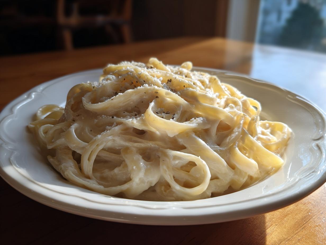 A close-up of creamy fettuccine pasta, a perfect olive garden alfredo copycat, topped with grated cheese and pepper.