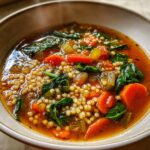Close-up of a steaming bowl of olive garden minestrone soup filled with pasta, carrots, celery, and spinach.