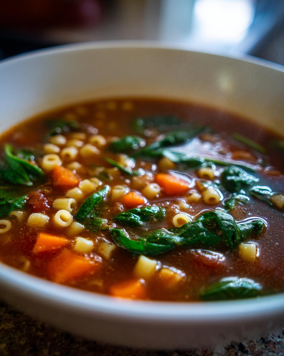 Close-up of a warm bowl of homemade olive garden minestrone soup with ditalini pasta, carrots, and spinach.