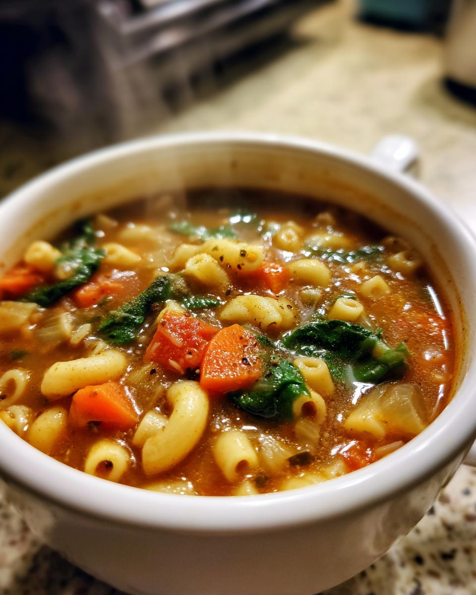 Close-up of a steaming white bowl filled with homemade olive garden minestrone soup, showing elbow macaroni, carrots, and spinach.