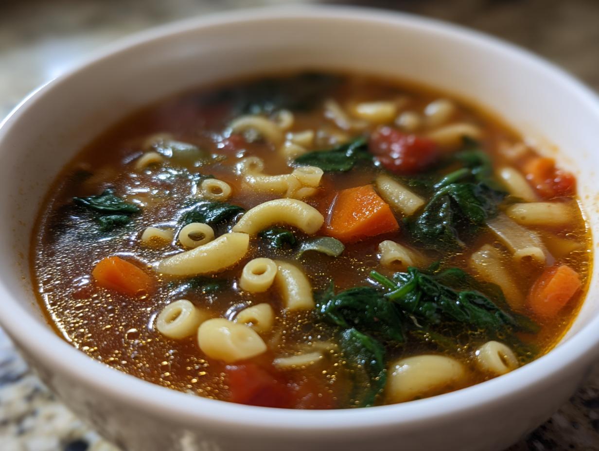 Close-up of a white bowl filled with rich broth, elbow macaroni, carrots, and spinach, resembling olive garden minestrone soup.