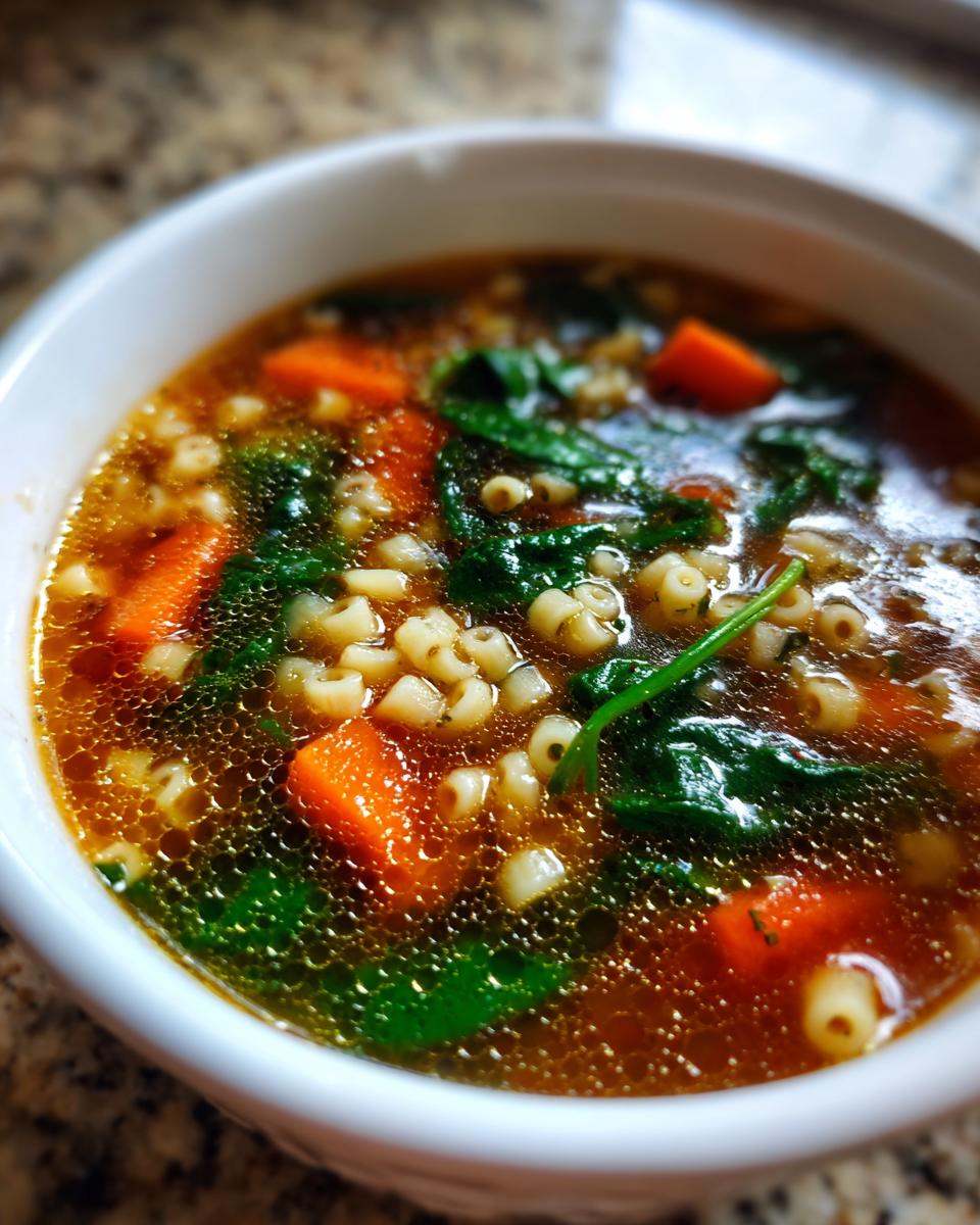 A close-up shot of a white bowl filled with rich broth, small pasta shapes, bright orange carrots, and dark green spinach from the olive garden minestrone soup.