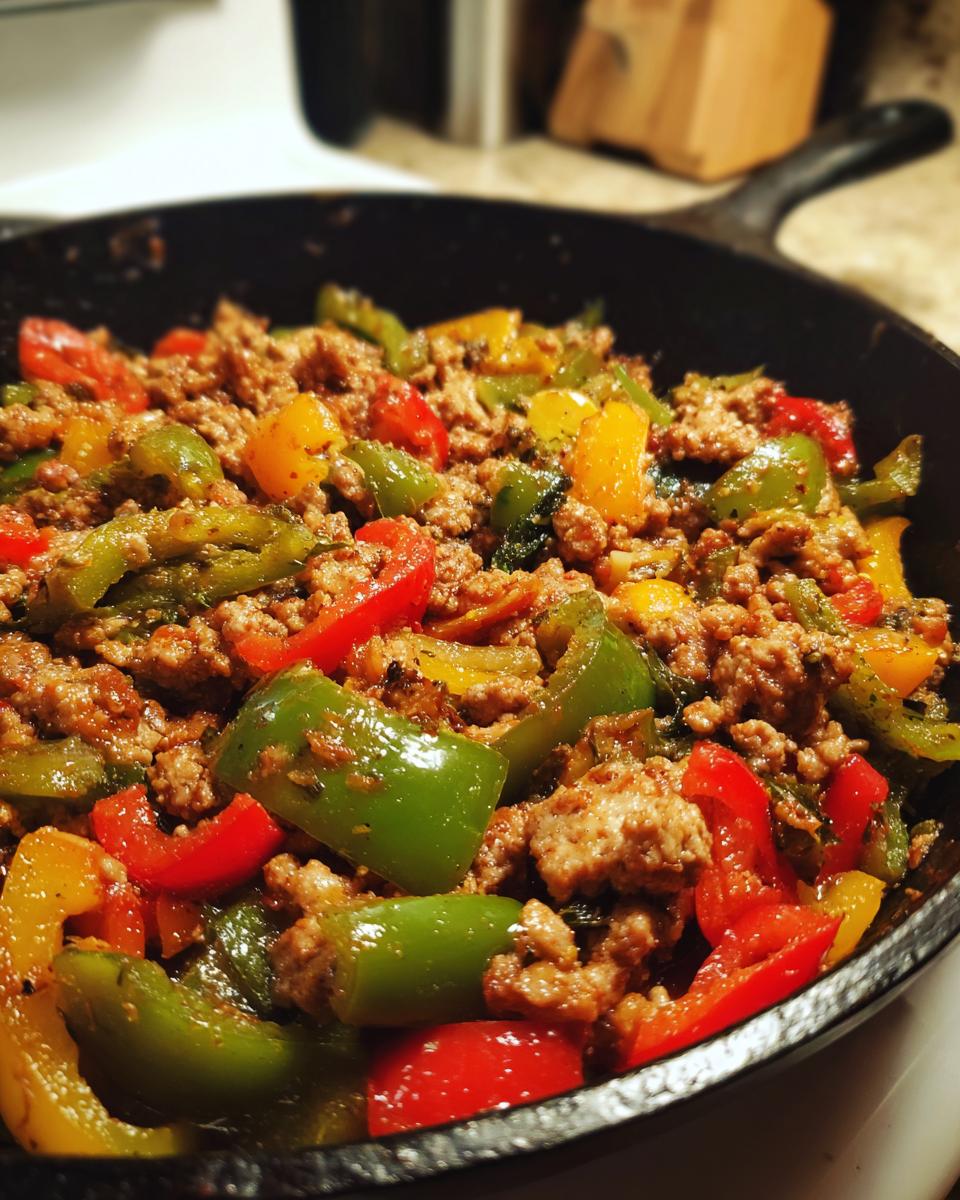 Close-up of Italian sausage and peppers mixture cooking in a black cast-iron skillet.