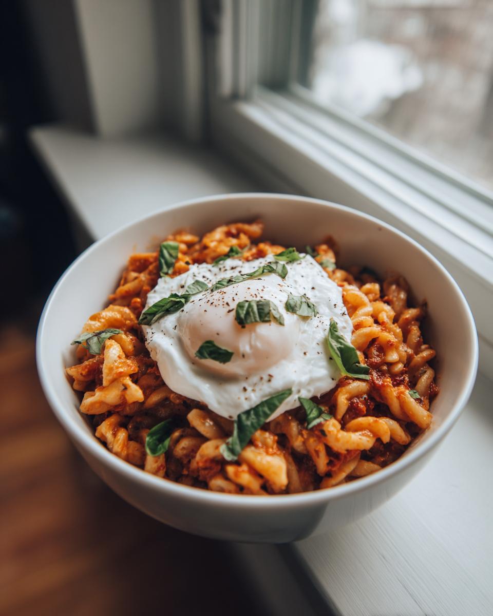 A bowl of one pot sun-dried tomato pasta topped with a perfectly cooked fried egg and fresh basil.