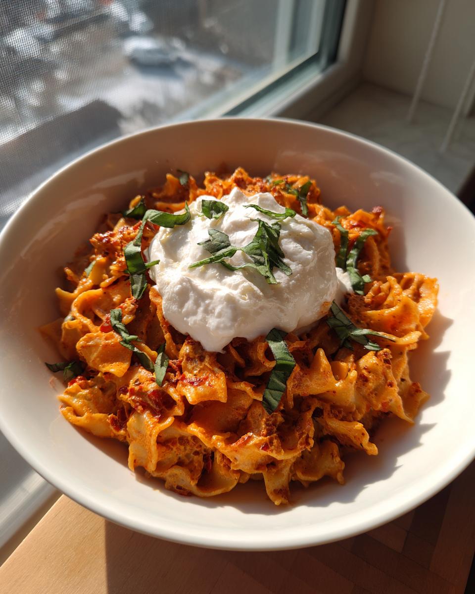 A bowl of creamy one pot sun-dried tomato pasta topped with a dollop of whipped ricotta and fresh basil.
