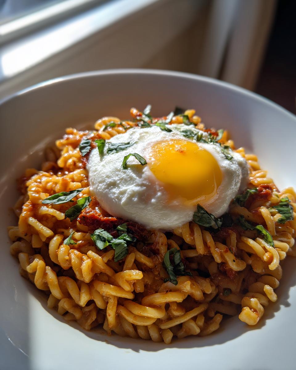 A bowl of one pot sun-dried tomato pasta topped with whipped ricotta, a sunny-side-up egg, and fresh basil.