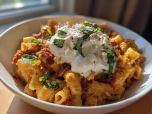 A bowl of creamy one pot sun-dried tomato pasta topped with a dollop of whipped ricotta and fresh basil.