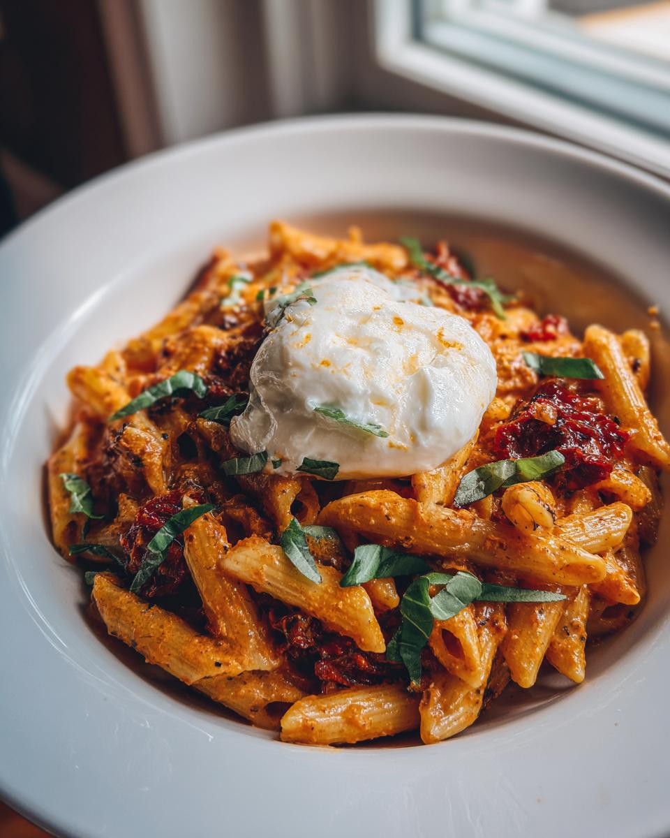 Close-up of one pot sun-dried tomato pasta topped with a dollop of whipped ricotta and fresh basil.